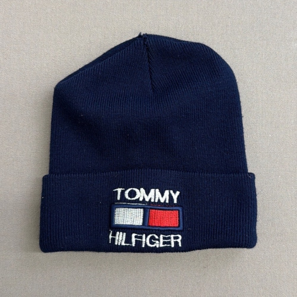 Tommy Hilfiger Navy Blue Knit Cuffed Beanie Embroidered Flag‎ Logo Winter Hat
